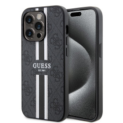 Coque arrière rigide Guess 4G Printed Stripes avec MagSafe pour Apple iPhone 15 Pro - Noir