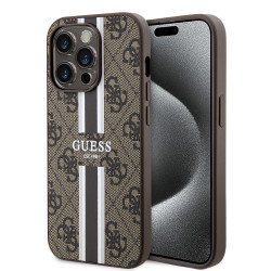 Coque arrière rigide Guess 4G Printed Stripes avec MagSafe pour Apple iPhone 15 Pro - Marron