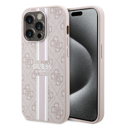 Coque arrière rigide Guess 4G Printed Stripes avec MagSafe pour Apple iPhone 15 Pro - Rose