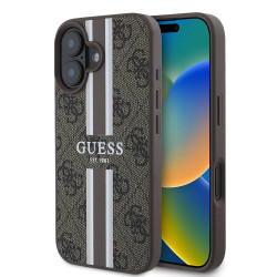 Coque arrière rigide Guess 4G Printed Stripes avec MagSafe pour Apple iPhone 16 Plus - Marron