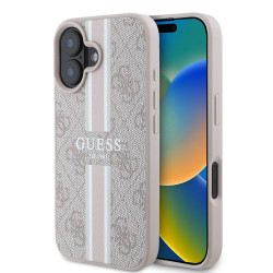 Coque arrière rigide Guess 4G Printed Stripes avec MagSafe pour Apple iPhone 16 Plus - Rose