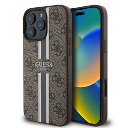Coque arrière rigide Guess 4G Printed Stripes avec MagSafe pour Apple iPhone 16 Pro Max - Marron