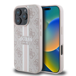 Coque arrière rigide Guess 4G Printed Stripes avec MagSafe pour Apple iPhone 16 Pro - Rose