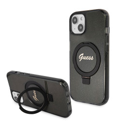 Coque arrière Guess Ring Stand Script Glitter avec MagSafe pour Apple iPhone 15 Plus - Noir