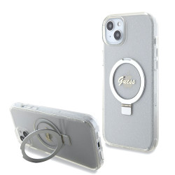 Coque arrière Guess Ring Stand Script Glitter avec MagSafe pour Apple iPhone 15 Plus - Transparent