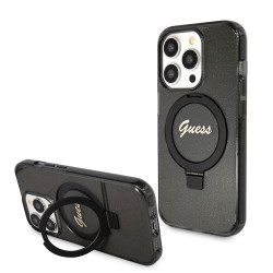 Coque arrière Guess Ring Stand Script Glitter avec MagSafe pour Apple iPhone 15 Pro - Noir