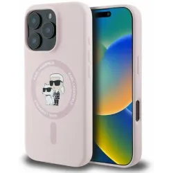 Coque arrière en silicone Karl Lagerfeld Karl & Choupette Heads Ring avec MagSafe pour Apple iPhone 16 Pro - Rose