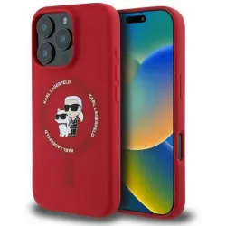 Coque arrière en silicone Karl Lagerfeld Karl & Choupette Heads Ring avec MagSafe pour Apple iPhone 16 Pro Max - Rouge