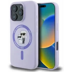 Coque arrière en silicone Karl Lagerfeld Karl & Choupette Heads Ring avec MagSafe pour Apple iPhone 16 Pro Max - Violet