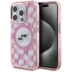 Coque arrière Karl Lagerfeld IML Monogram Karl & Choupette Head avec MagSafe pour Apple iPhone 15 Pro Max - Rose
