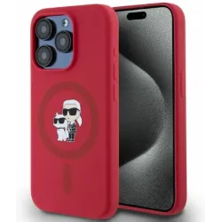 Coque arrière en silicone Karl Lagerfeld Karl & Choupette Heads Ring avec MagSafe pour Apple iPhone 15 Pro - Rouge