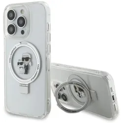 Coque arrière rigide Karl Lagerfeld Ring Stand Karl & Choupette avec MagSafe pour Apple iPhone 15 Pro - Blanc