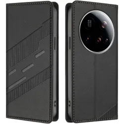 Coque portefeuille Phonesta Embossed Lines pour Xiaomi 15 Ultra - Noir