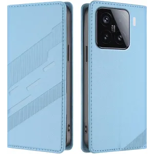 Coque portefeuille Phonesta Embossed Lines pour Xiaomi 15 - Bleu clair