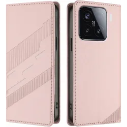 Coque portefeuille Phonesta Embossed Lines pour Xiaomi 15 - Rose