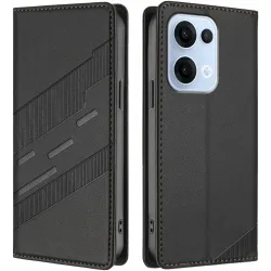 Coque portefeuille Phonesta Embossed Lines pour Oppo Reno13 - Noir