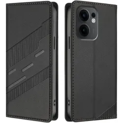 Coque portefeuille Phonesta Embossed Lines pour Oppo Reno13 F 4G/5G / Reno13 FS 5G - Noir