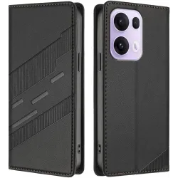Coque portefeuille Phonesta Embossed Lines pour Oppo Reno13 Pro - Noir
