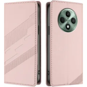 Coque portefeuille Phonesta Embossed Lines pour Oppo Reno12 F/Reno12 FS - Rose