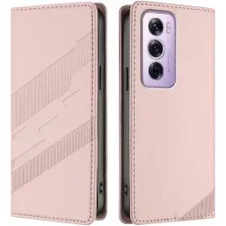 Coque portefeuille Phonesta Embossed Lines pour Oppo Reno12 Pro - Rose