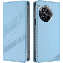 Coque portefeuille Phonesta Embossed Lines pour OnePlus 12 - Bleu clair