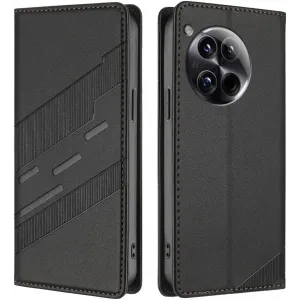 Coque portefeuille Phonesta Embossed Lines pour OnePlus 12 - Noir