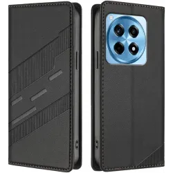 Coque portefeuille Phonesta Embossed Lines pour OnePlus 12R - Noir