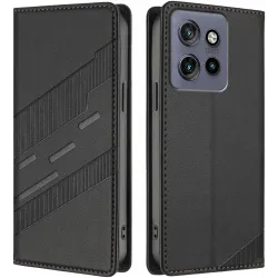 Coque portefeuille Phonesta Embossed Lines pour Motorola Edge 60 Neo/Edge 50 Neo / ThinkPhone 25 - Noir