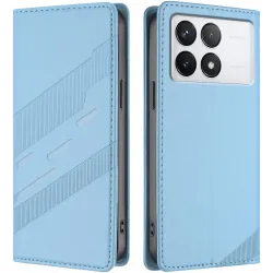 Coque portefeuille Phonesta Embossed Lines pour Xiaomi 14T - Bleu clair