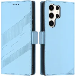 Coque portefeuille Phonesta Embossed Lines pour Samsung Galaxy S25 Ultra - Bleu clair