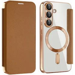 Coque portefeuille Phonesta Luxury Crystal avec MagSafe pour Samsung Galaxy S25/S24 - Marron