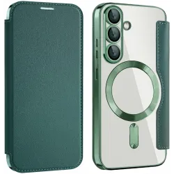 Coque portefeuille Phonesta Luxury Crystal avec MagSafe pour Samsung Galaxy S25/S24 - Vert foncé