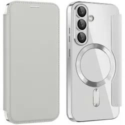 Coque portefeuille Phonesta Luxury Crystal avec MagSafe pour Samsung Galaxy S25/S24 - Argent