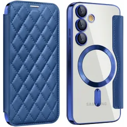 Coque portefeuille Phonesta Luxury Crystal Puffed avec MagSafe pour Samsung Galaxy S24 FE - Bleu foncé