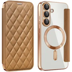 Coque portefeuille Phonesta Luxury Crystal Puffed avec MagSafe pour Samsung Galaxy S25/S24 - Marron