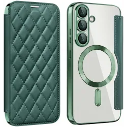 Coque portefeuille Phonesta Luxury Crystal Puffed avec MagSafe pour Samsung Galaxy S25 Plus/S24 Plus - Vert foncé