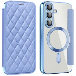 Coque portefeuille Phonesta Luxury Crystal Puffed avec MagSafe pour Samsung Galaxy S25 Plus/S24 Plus - Bleu clair