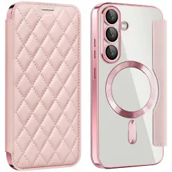Coque portefeuille Phonesta Luxury Crystal Puffed avec MagSafe pour Samsung Galaxy S25 Plus/S24 Plus - Rose