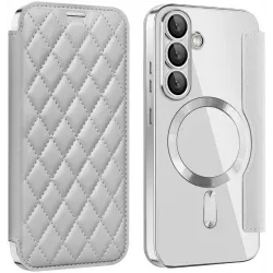 Coque portefeuille Phonesta Luxury Crystal Puffed avec MagSafe pour Samsung Galaxy S25 Plus/S24 Plus - Argent
