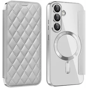 Coque portefeuille Phonesta Luxury Crystal Puffed avec MagSafe pour Samsung Galaxy S25 Plus/S24 Plus - Argent