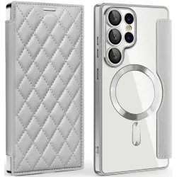 Coque portefeuille Phonesta Luxury Crystal Puffed avec MagSafe pour Samsung Galaxy S25 Ultra - Argent