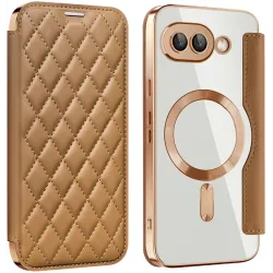 Coque portefeuille Phonesta Luxury Crystal Puffed avec MagSafe pour Google Pixel 9a - Marron