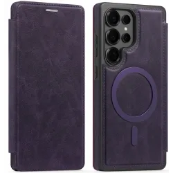 Coque portefeuille Phonesta Luxury Leather avec MagSafe pour Samsung Galaxy S25 Ultra - Violet foncé