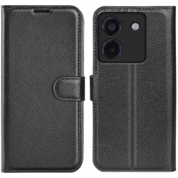 Coque portefeuille Phonesta Litchi Skin pour Xiaomi Poco M7 Pro - Noir