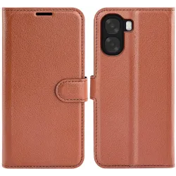 Coque portefeuille Phonesta Litchi Skin pour Oppo A6x - Marron