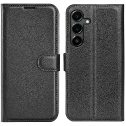 Coque portefeuille Phonesta Litchi Skin pour Samsung Galaxy S25 FE - Noir