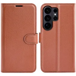 Coque portefeuille Phonesta Litchi Skin pour Samsung Galaxy S26 Ultra - Marron