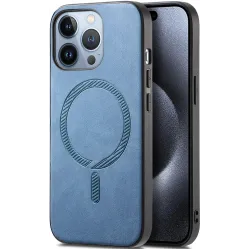 Coque arrière Phonesta Retro Vegan Leather MagSafe pour Apple iPhone 16 Pro Max - Bleu
